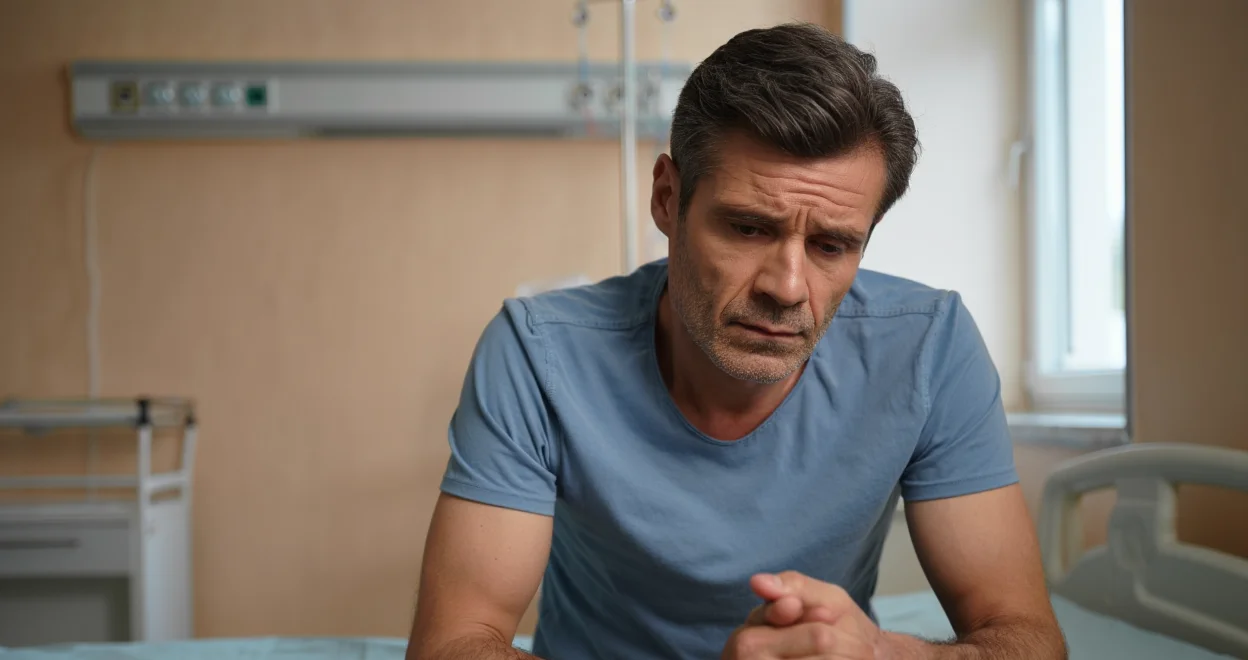 Мужчина сидит в палате клиники